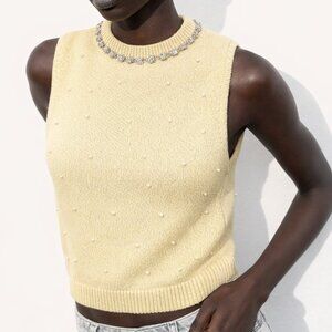 ZARA RHINESTONE & FAUX PEARL KNIT TOP SLEEVELESS CREAM YELLOW NWT SIZE M